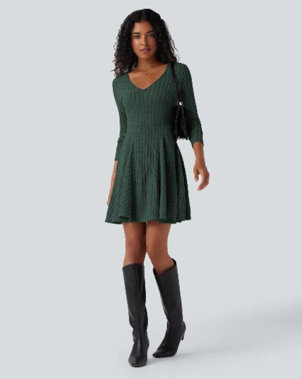 HALARA Ribbed Knit V-Neck Flare Mini Dress Mottled Greenlake Sz M NWT {3B33}